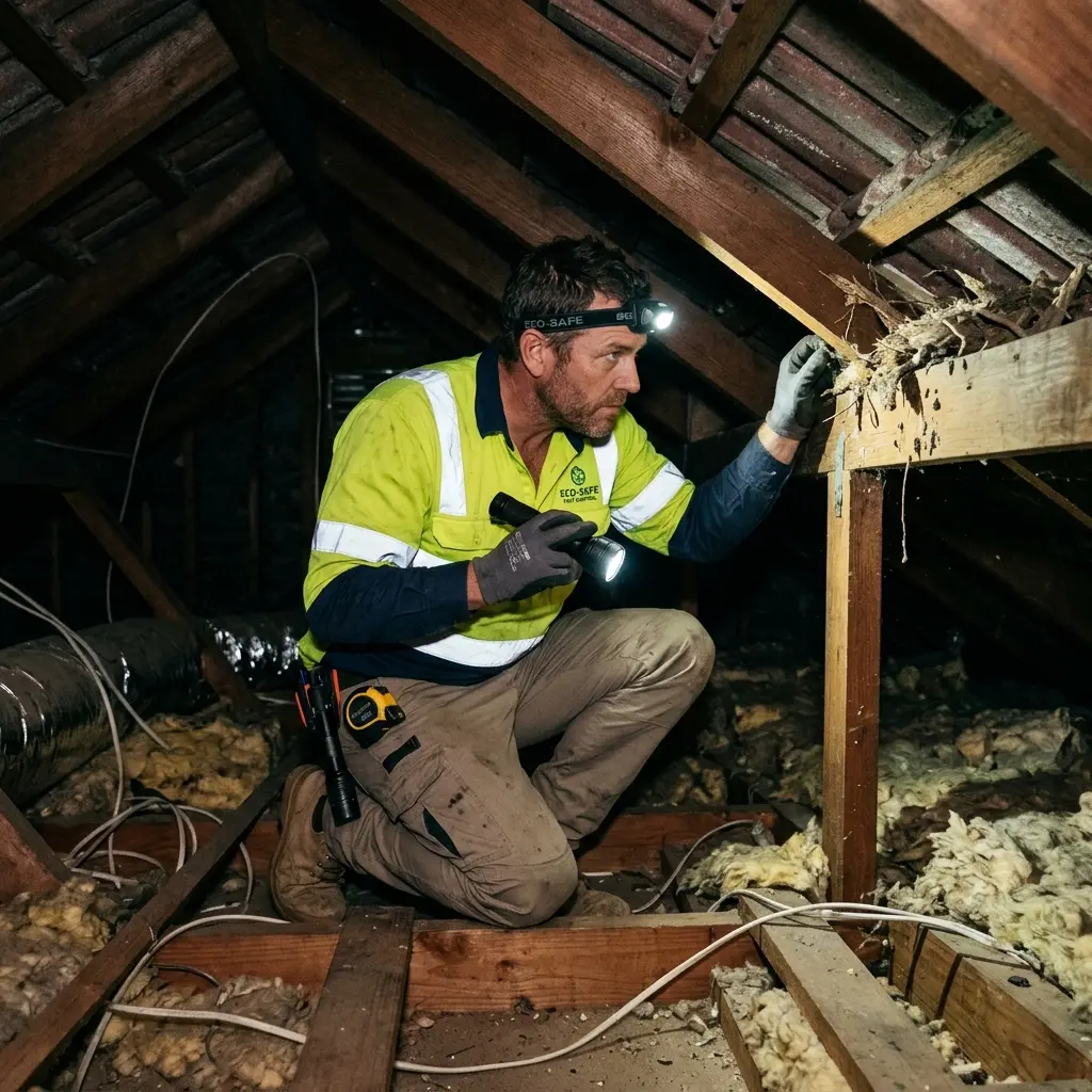 Technician inspecting a Steels Creek roof cavity for a dead possum