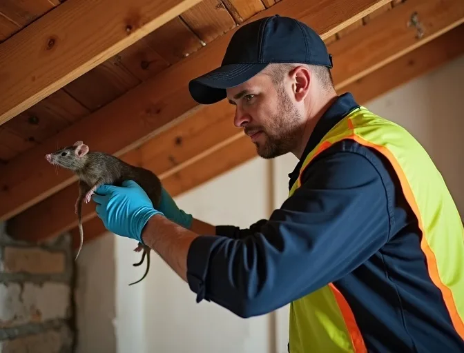 Technician inspecting a roof cavity for a dead rat in Steels Creek